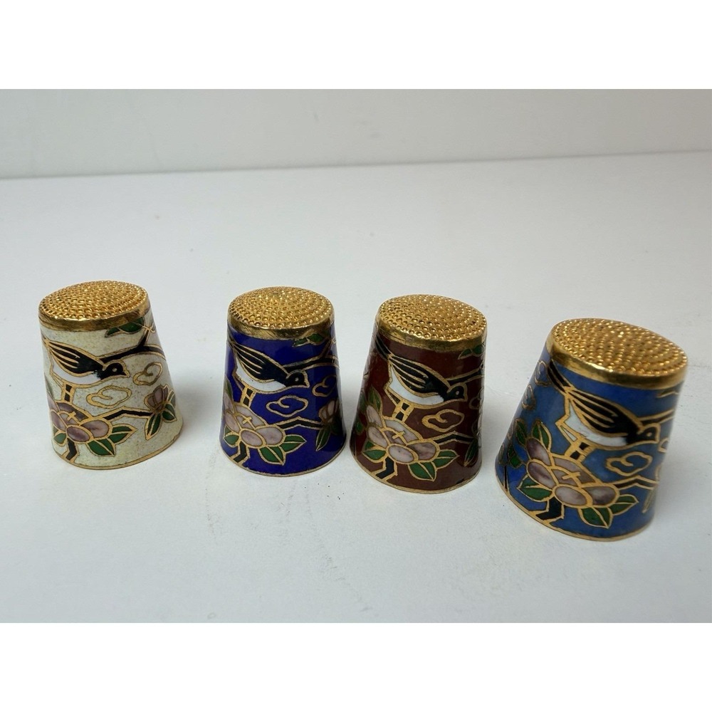 Cloisonne Thimbles Brass and Enamel Multicolor Birds Lot Of 4 Vintage